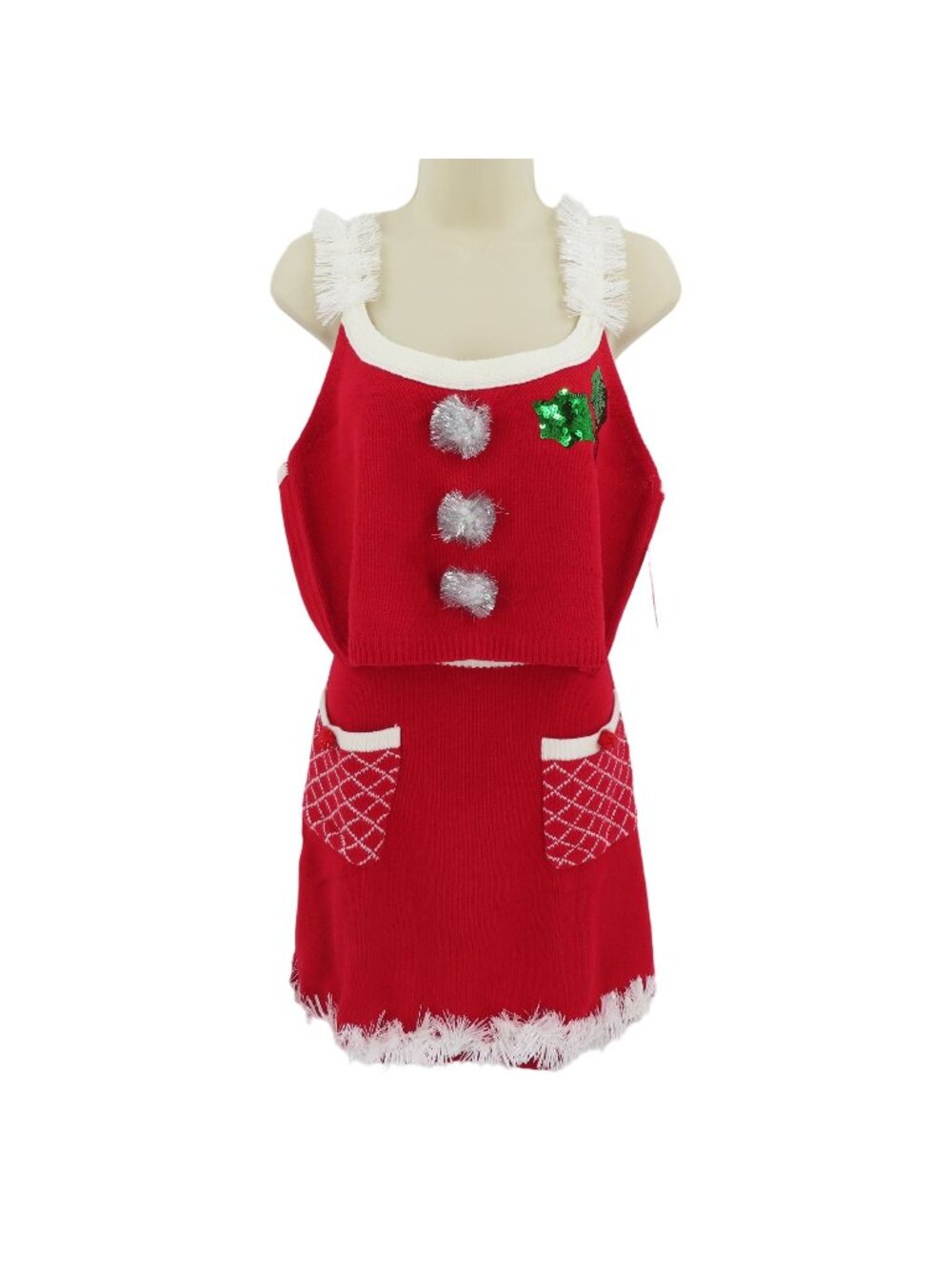No Boundaries XL Juniors Mrs Claus Christmas Crop Top Skirt Set Knit Fringe NEW